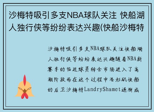 沙梅特吸引多支NBA球队关注 快船湖人独行侠等纷纷表达兴趣(快船沙梅特女友)