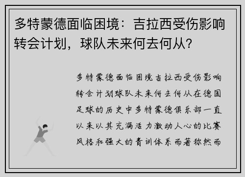 多特蒙德面临困境：吉拉西受伤影响转会计划，球队未来何去何从？