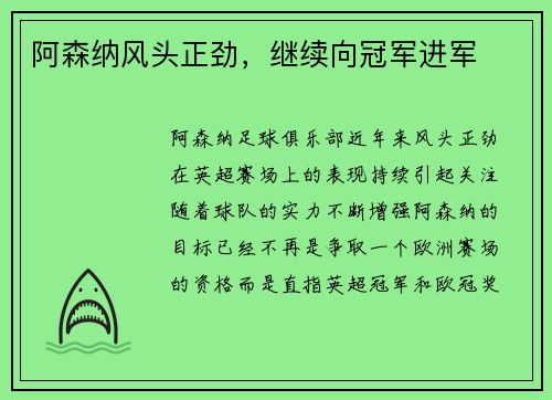阿森纳风头正劲，继续向冠军进军