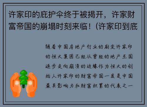 许家印的庇护伞终于被揭开，许家财富帝国的崩塌时刻来临！(许家印到底是个什么来头)
