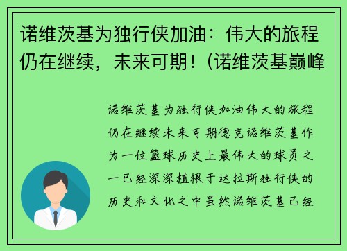 诺维茨基为独行侠加油：伟大的旅程仍在继续，未来可期！(诺维茨基巅峰)