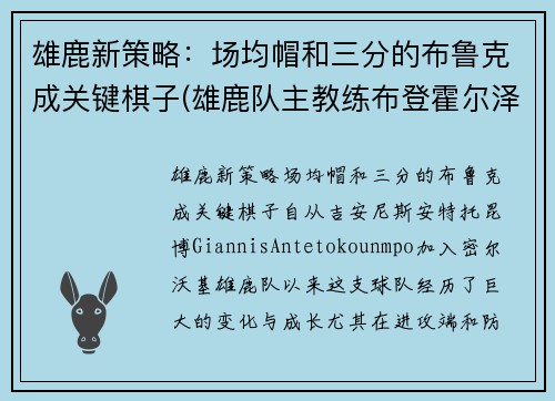 雄鹿新策略：场均帽和三分的布鲁克成关键棋子(雄鹿队主教练布登霍尔泽)