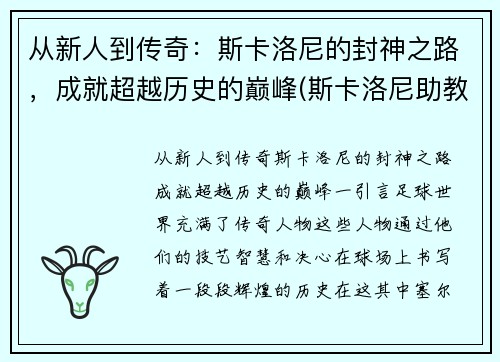 从新人到传奇：斯卡洛尼的封神之路，成就超越历史的巅峰(斯卡洛尼助教)